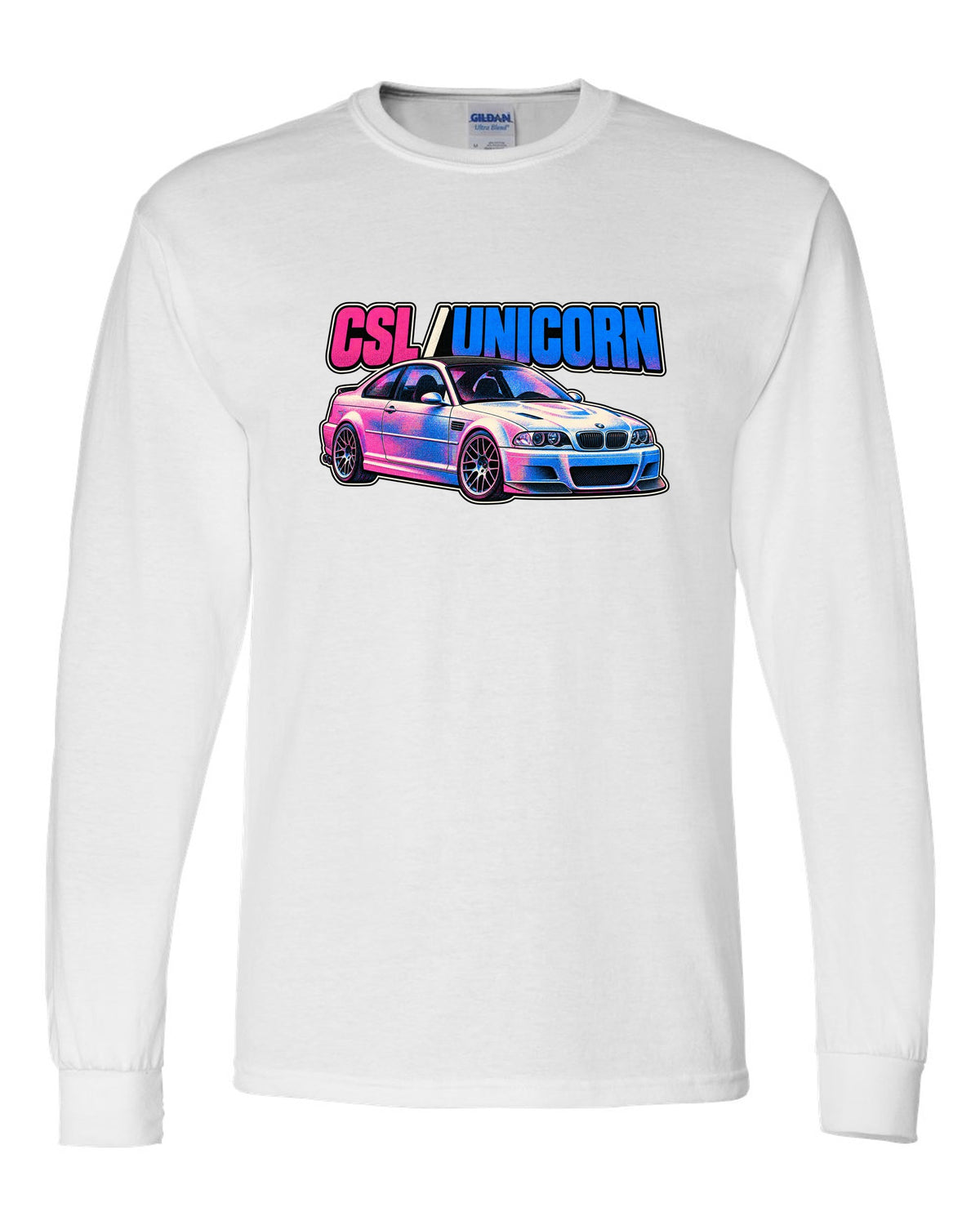 Risograph spot colour print of a BMW E46 M3 CSL with CSL Unicorn text white long sleeve front view with the design