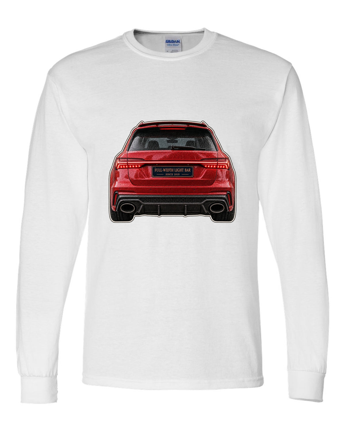 Close-up print of the full-width taillight bar on an Audi RS6 Avant C8 white long sleeve front view with the design
