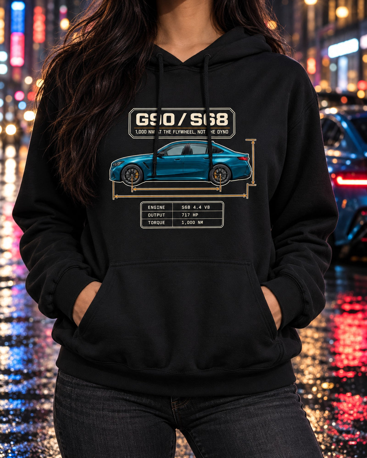 BMW G90 M5 S68 Blueprint Profile Shirt, Car Guy Tee Pull Over Hoodie Black worn hero