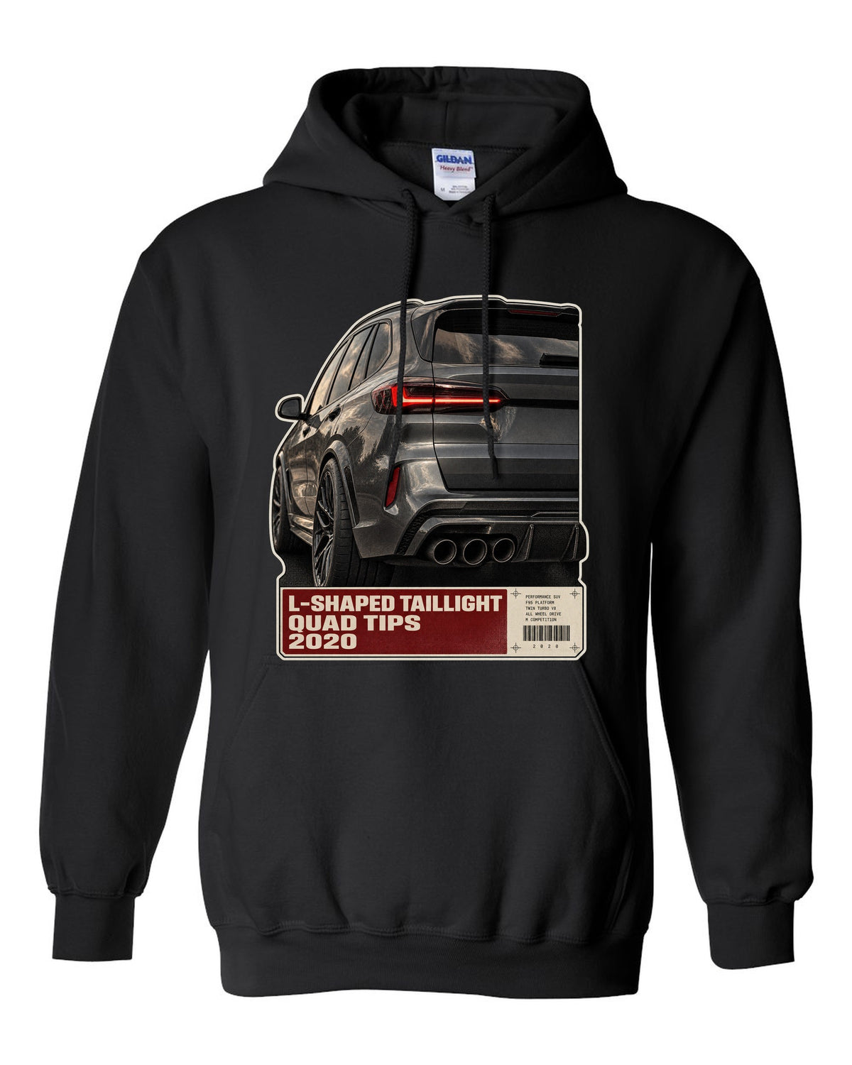 Macro print of the L-shaped taillight and quad tips on a BMW X5 M Competition F95 black pull over hoodie front view with the design