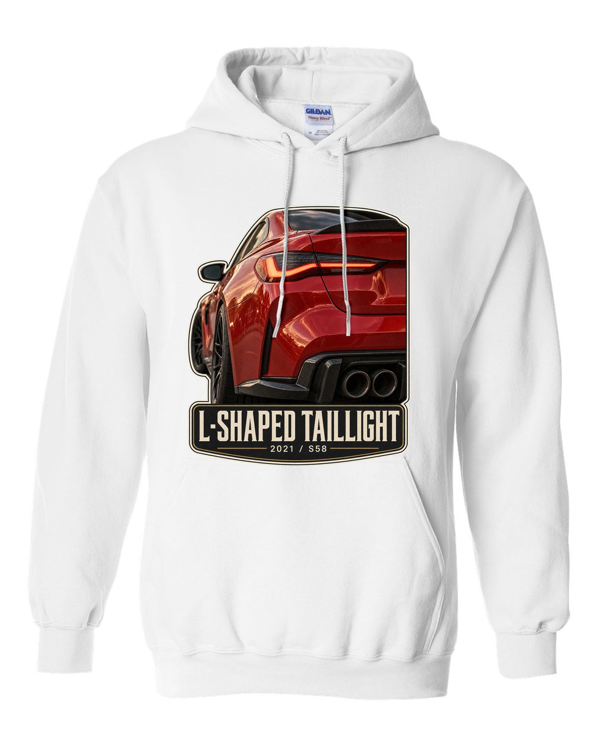 BMW M4 Competition G82 L-shaped taillight macro print with 2021 and S58 text white pull over hoodie front view with the design
