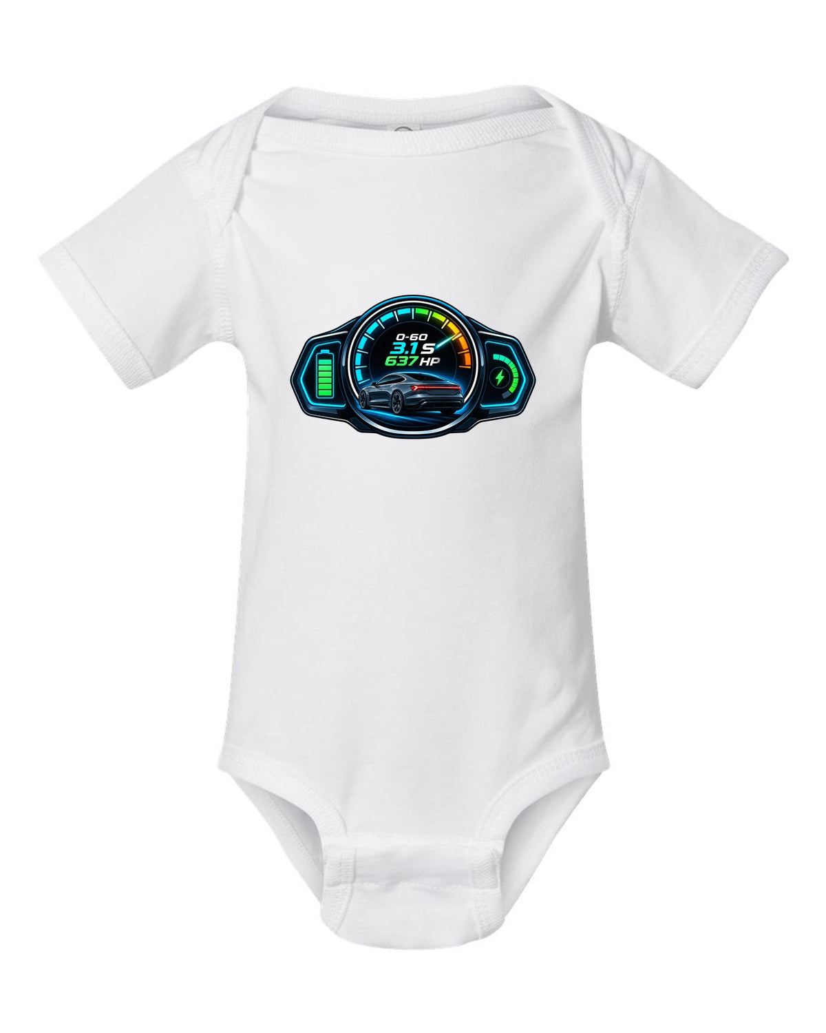 HUD gauge cluster print of an Audi e-tron GT with 0-60 and horsepower figures white baby onesie front view with the design
