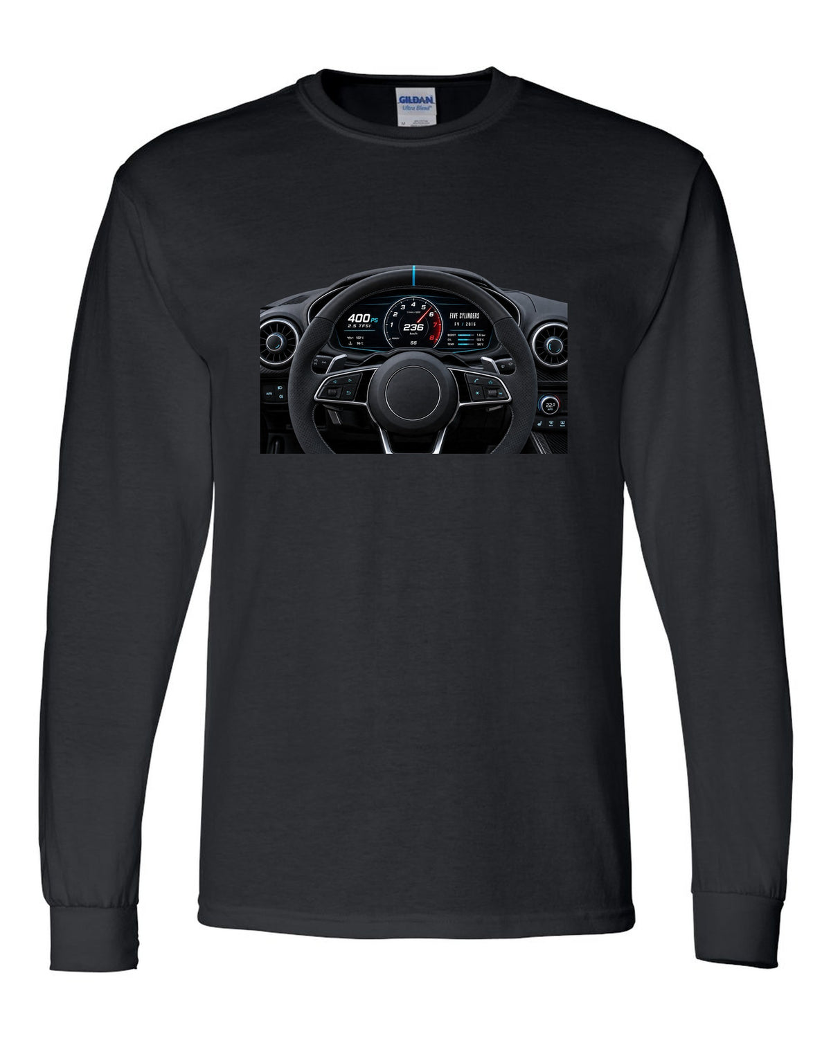 Audi TT RS FV virtual cockpit instrument cluster with 2.5 TFSI 400 PS text black long sleeve front view with the design