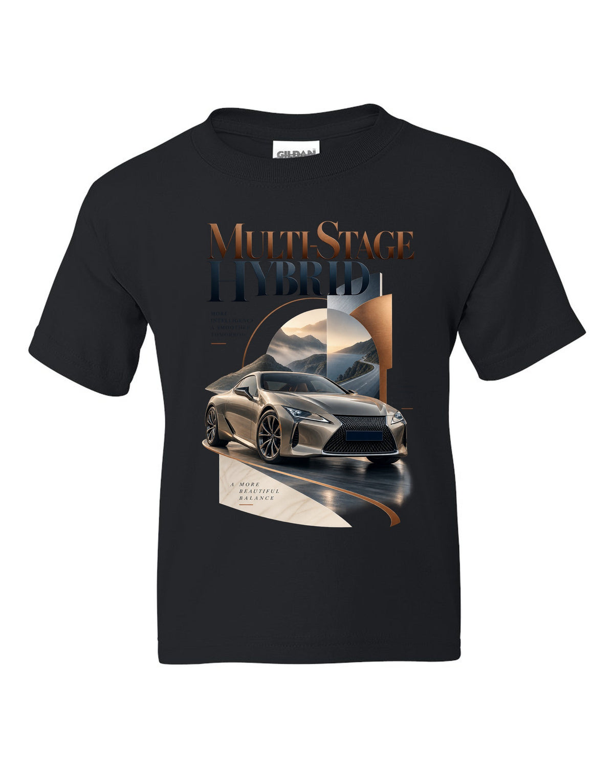 Editorial headline layout for the Lexus LC 500h hybrid black kids tee front view with the design