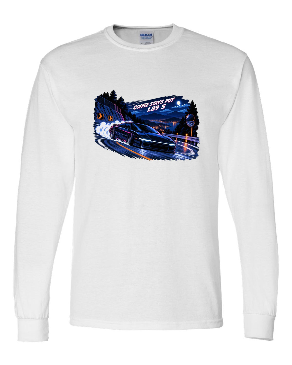 Lucid Air Sapphire cel-shaded 90s anime night touge print with the text coffee stays put 1.89 s white long sleeve front view with the design
