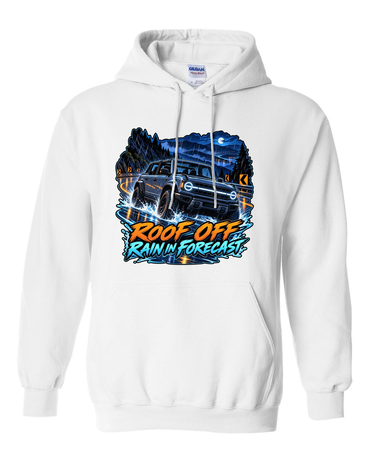 Cel-shaded anime night garage print of a 2021 Ford Bronco 4-door 6G with roof off white pull over hoodie front view with the design