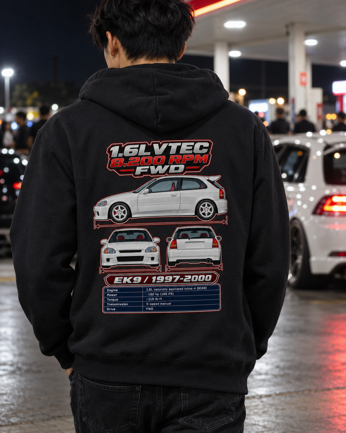 Honda Civic Type R EK9 Spec Sheet Full-Back Graphic Tee Zip Hoodie Black worn hero