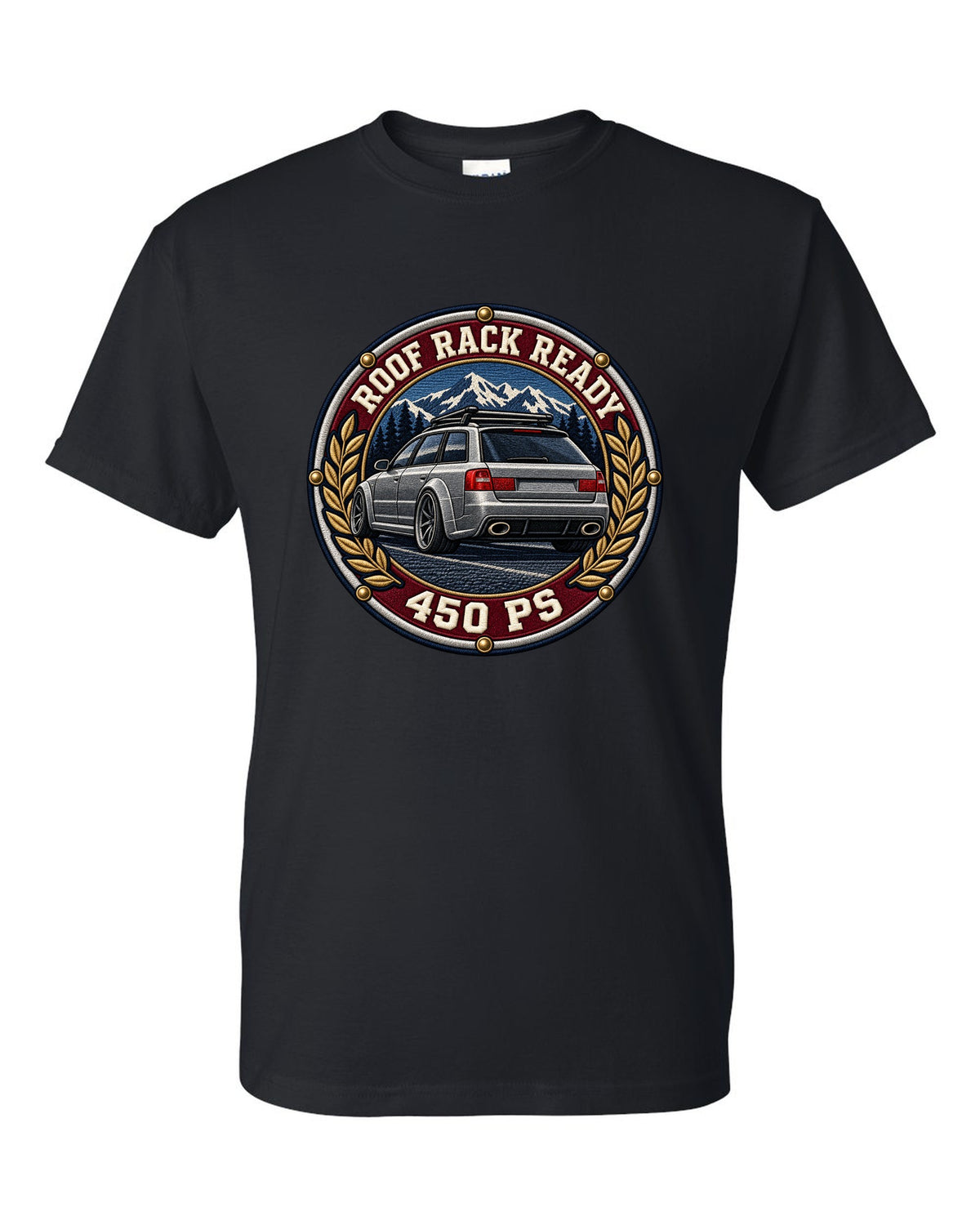 Varsity crest style print of a flared Audi RS6 Avant C5 with Roof Rack Ready text black t-shirt front view with the design