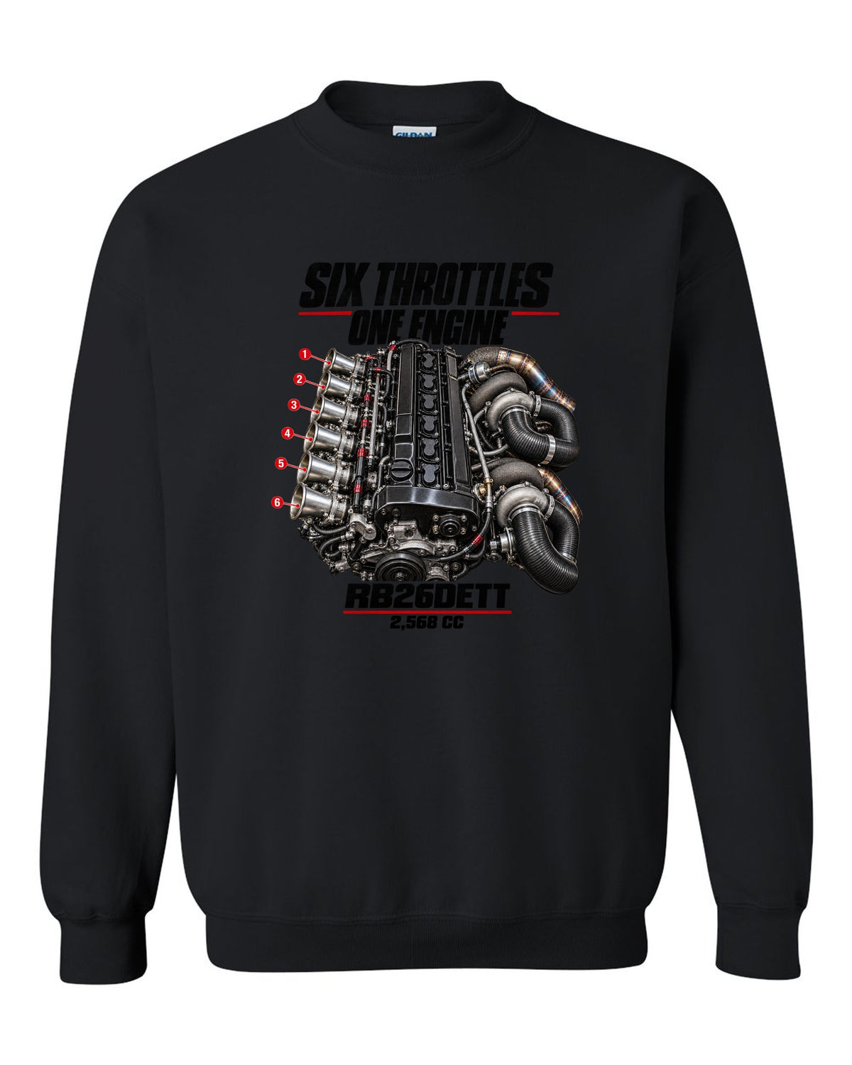 print of the RB26DETT six-throttle engine from the Nissan Skyline GT-R R32 black crewneck front view with the design