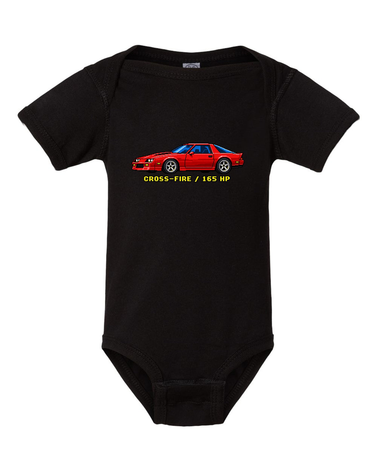 1982 Camaro Z28 third-generation chback in 16-bit pixel art with Cross-Fire 165 HP text black baby onesie front view with the design