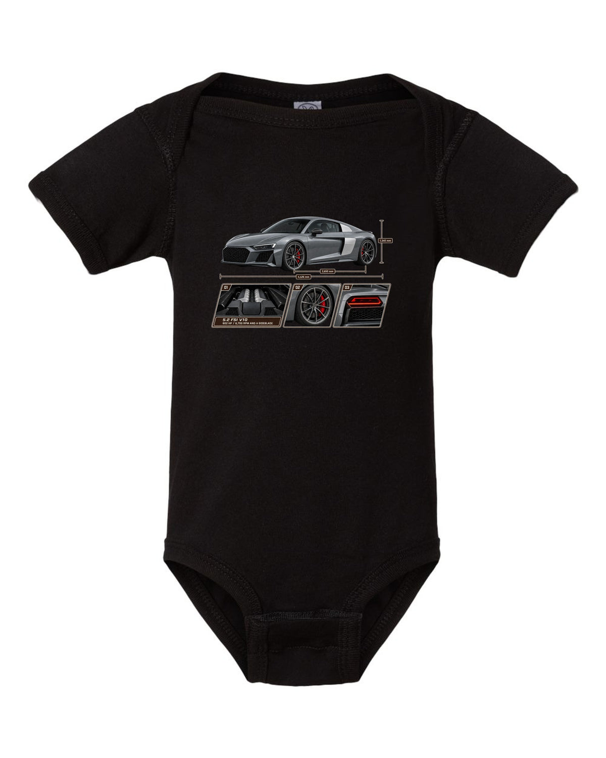 Dossier panel print of a Nardo grey Audi R8 V10 Performance black baby onesie front view with the design