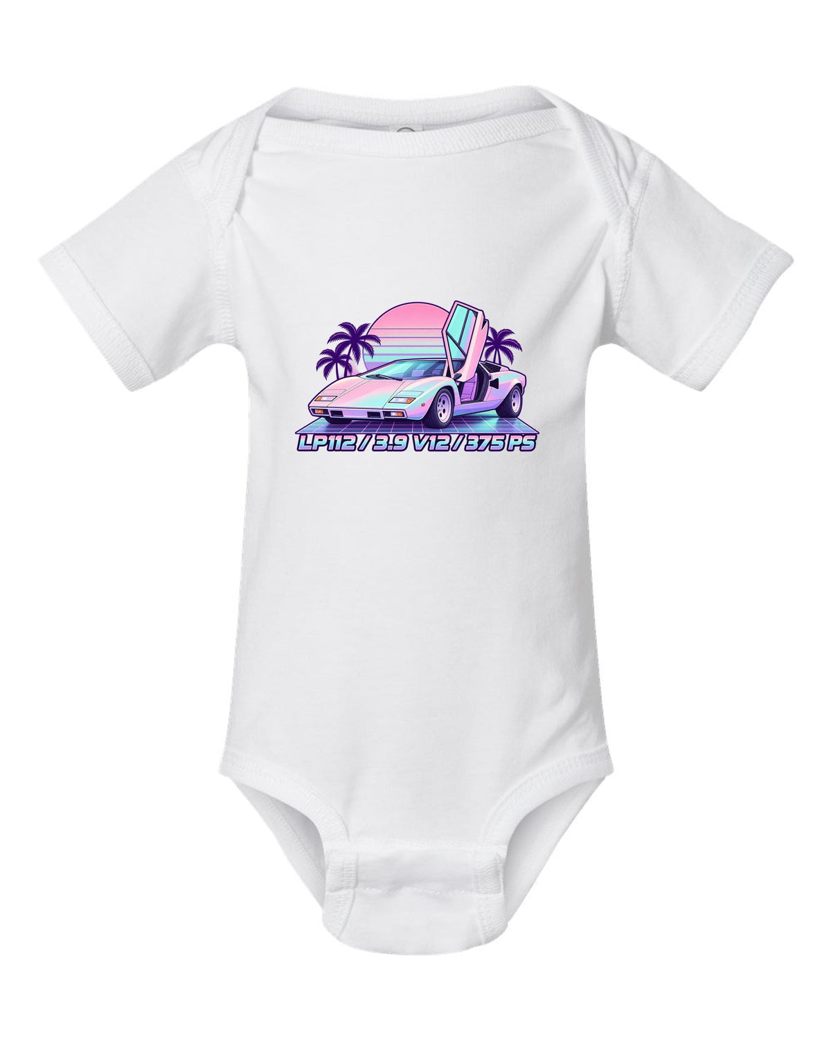 Pastel vaporwave Lamborghini Countach LP400 with LP112, 3.9 V12 and 375 PS lettering white baby onesie front view with the design