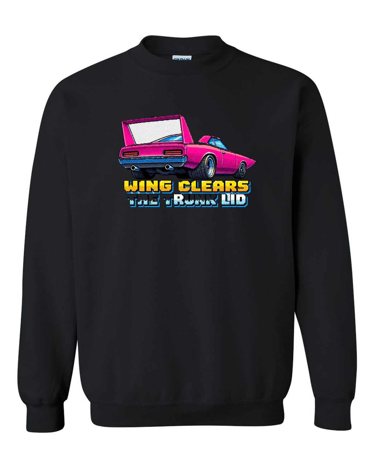 1970 Plymouth Superbird 16-bit pixel art print with Wing Clears The Trunk Lid text black crewneck front view with the design