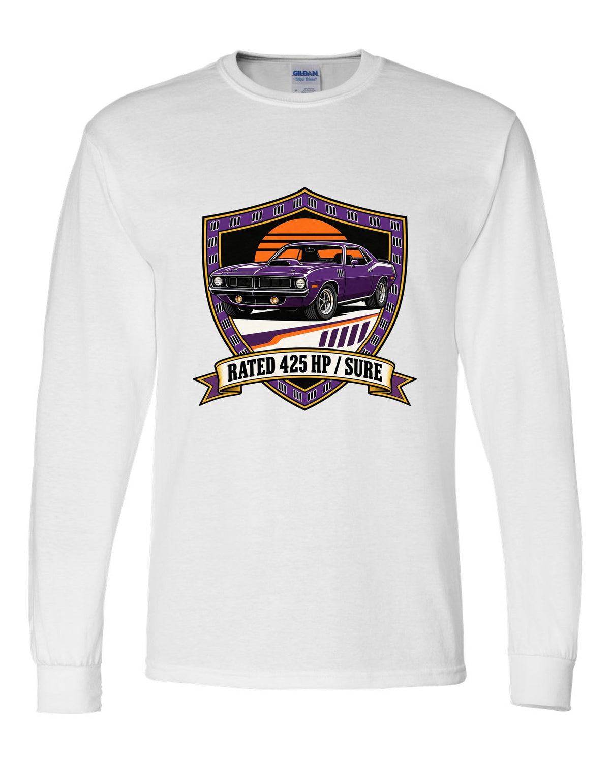 Original shield crest design for a 1970 Plymouth Hemi Cuda with rated 425 HP sure text white long sleeve front view with the design