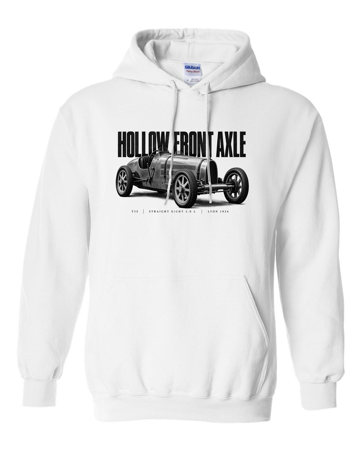 Bugatti Type 35 1924 hollow axle halftone print white pull over hoodie front view with the design