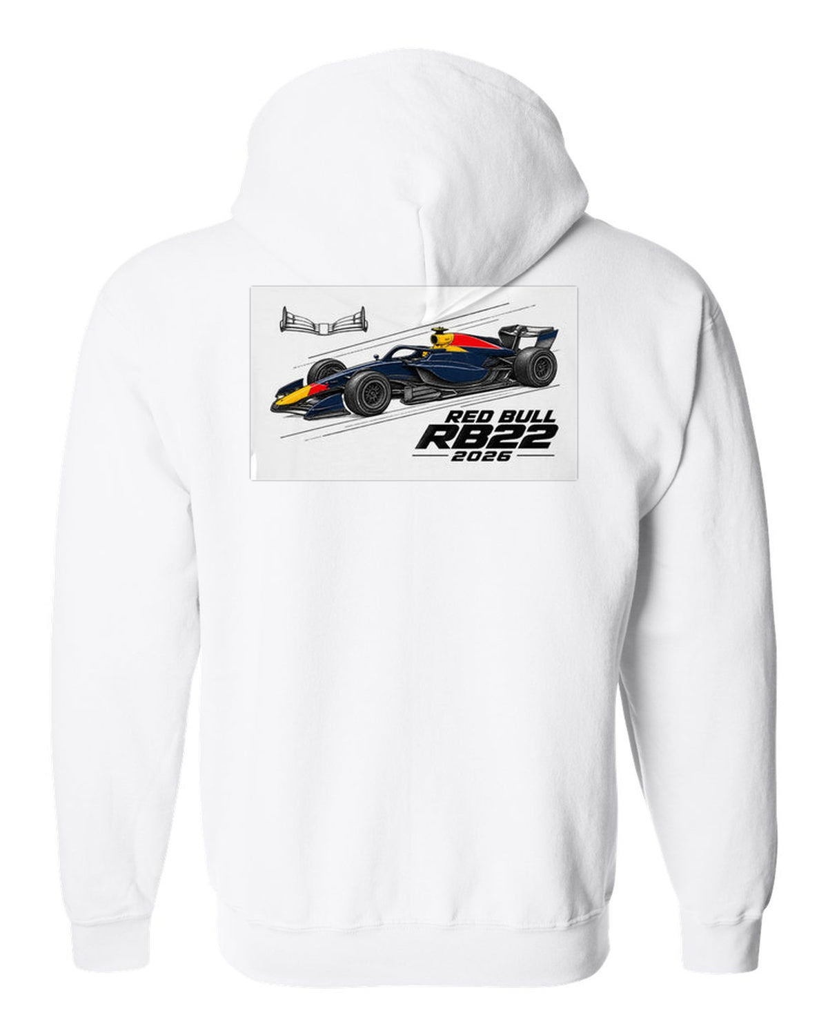 Red Bull RB22 2026 F1 car technical poster artwork white zip hoodie back view with the design