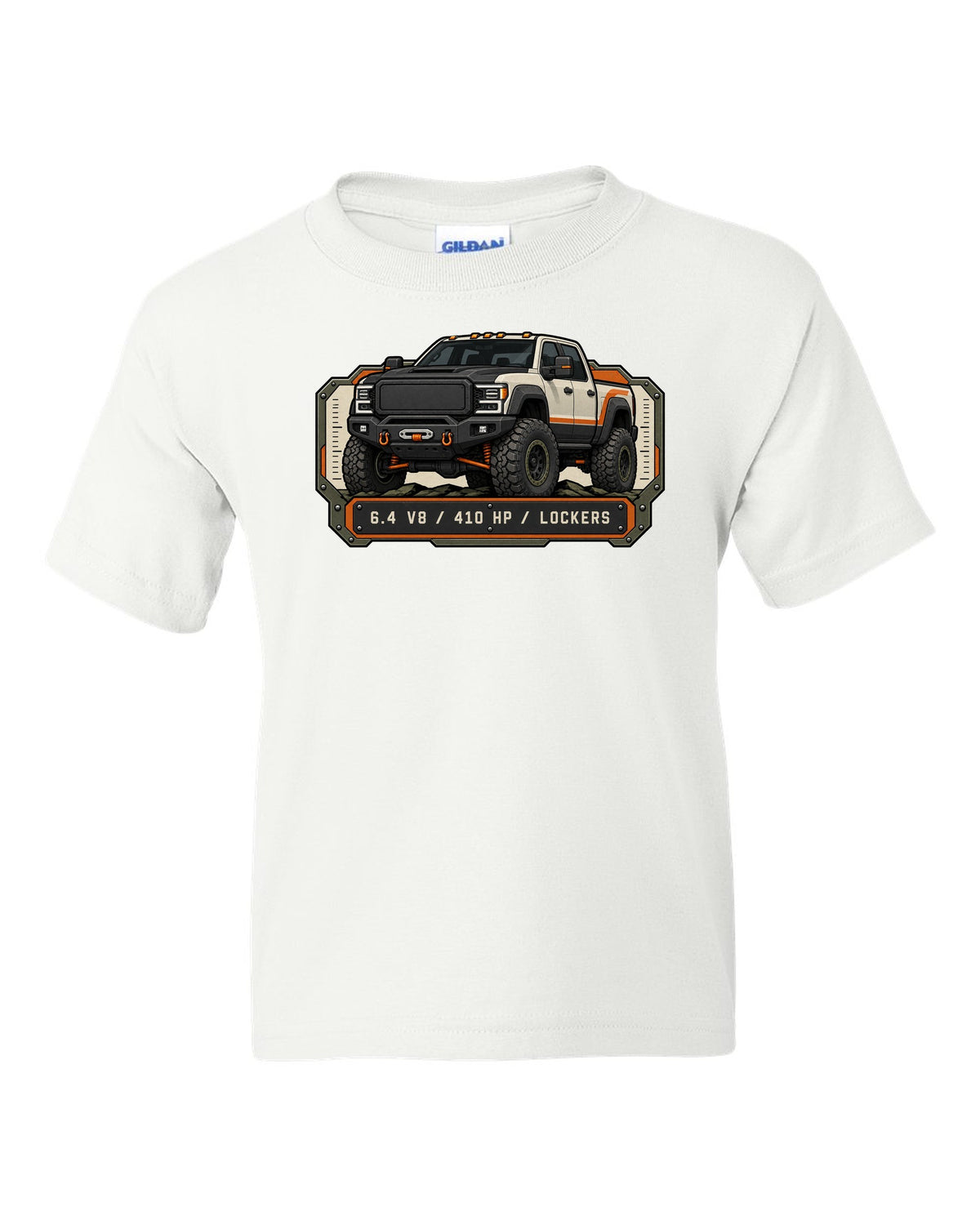 Spec-sheet data plate print of a Ram Power Wagon 2500 winch bumper with 6.4 V8 410 HP lockers text white kids tee front view with the design