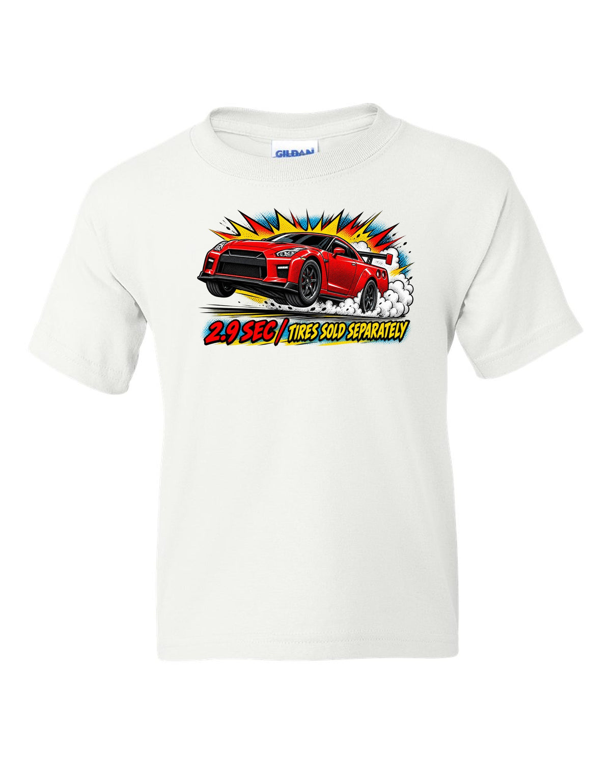 Comic halftone pop-art print of a Nissan GT-R R35 launching with 2.9 sec text white kids tee front view with the design