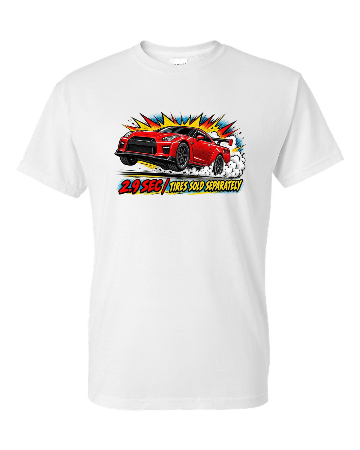 Comic halftone pop-art print of a Nissan GT-R R35 launching with 2.9 sec text white t-shirt front view with the design