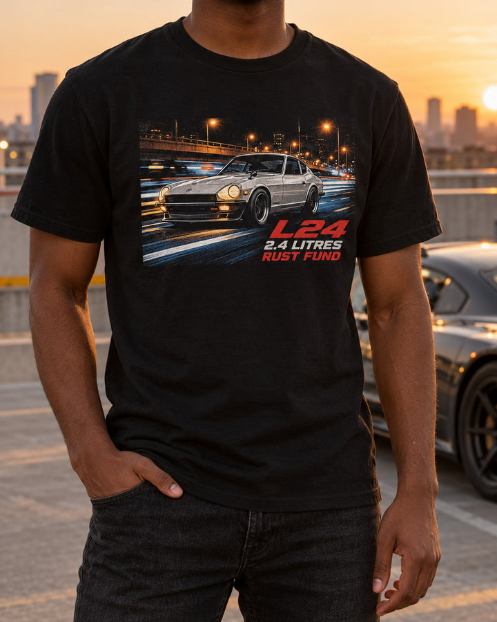 Nissan Fairlady Z S30 L24 Manga Ink Shirt, Rust Fund T-Shirt Black worn hero