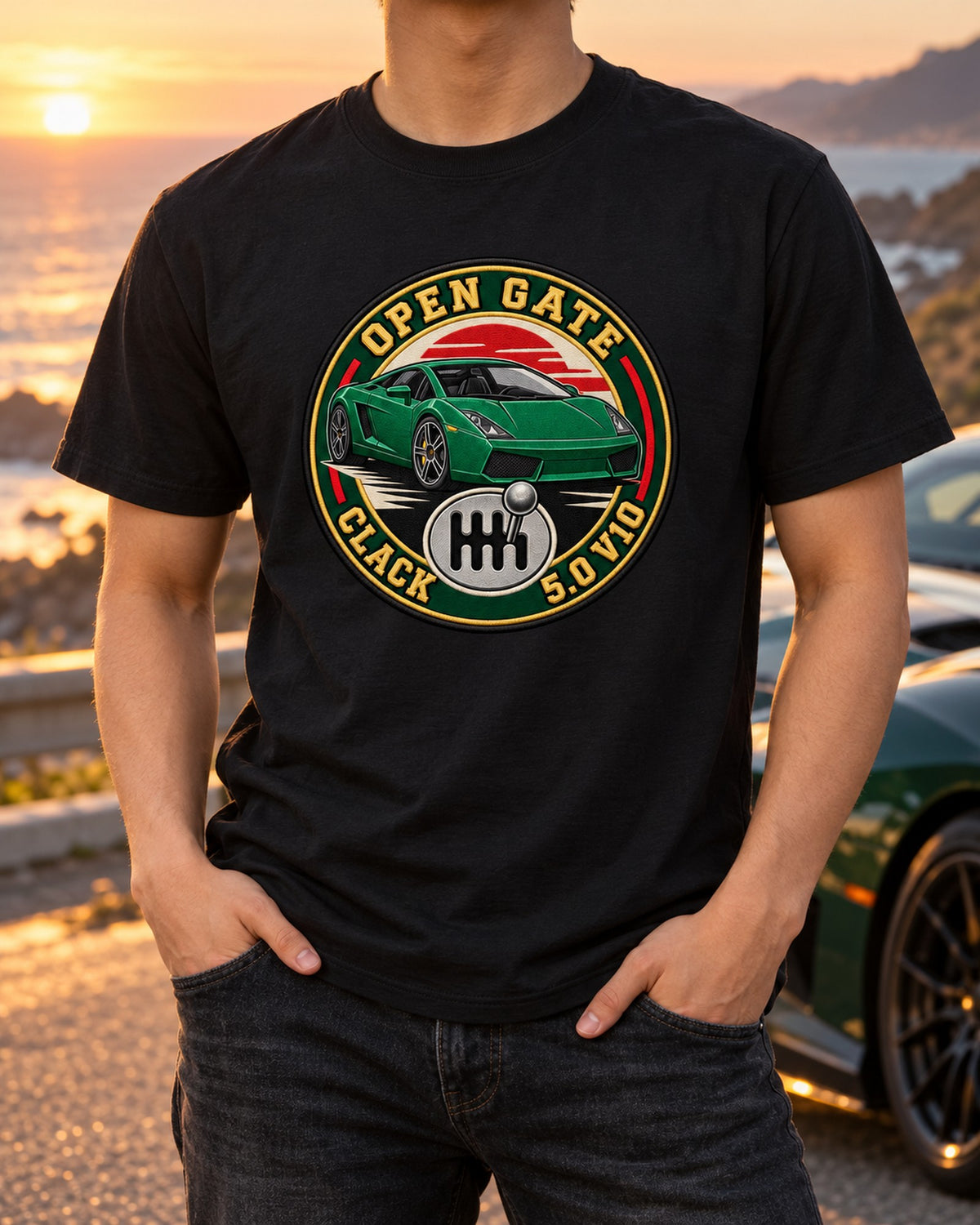 Gated Six Crest Tee, Gallardo Manual Open Gate V10 Shirt T-Shirt Black worn hero