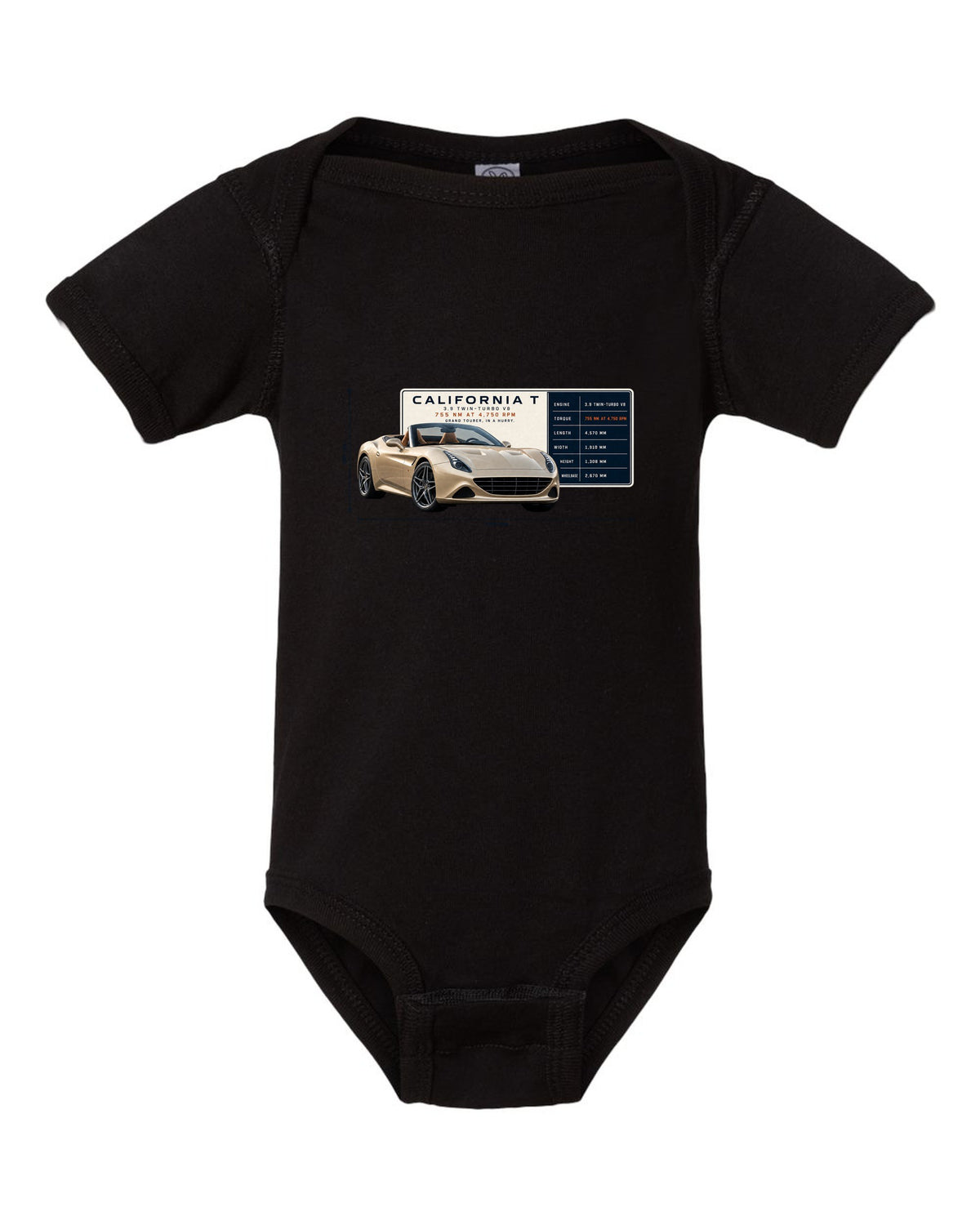 Spec poster print of the Ferrari California T in champagne tones black baby onesie front view with the design