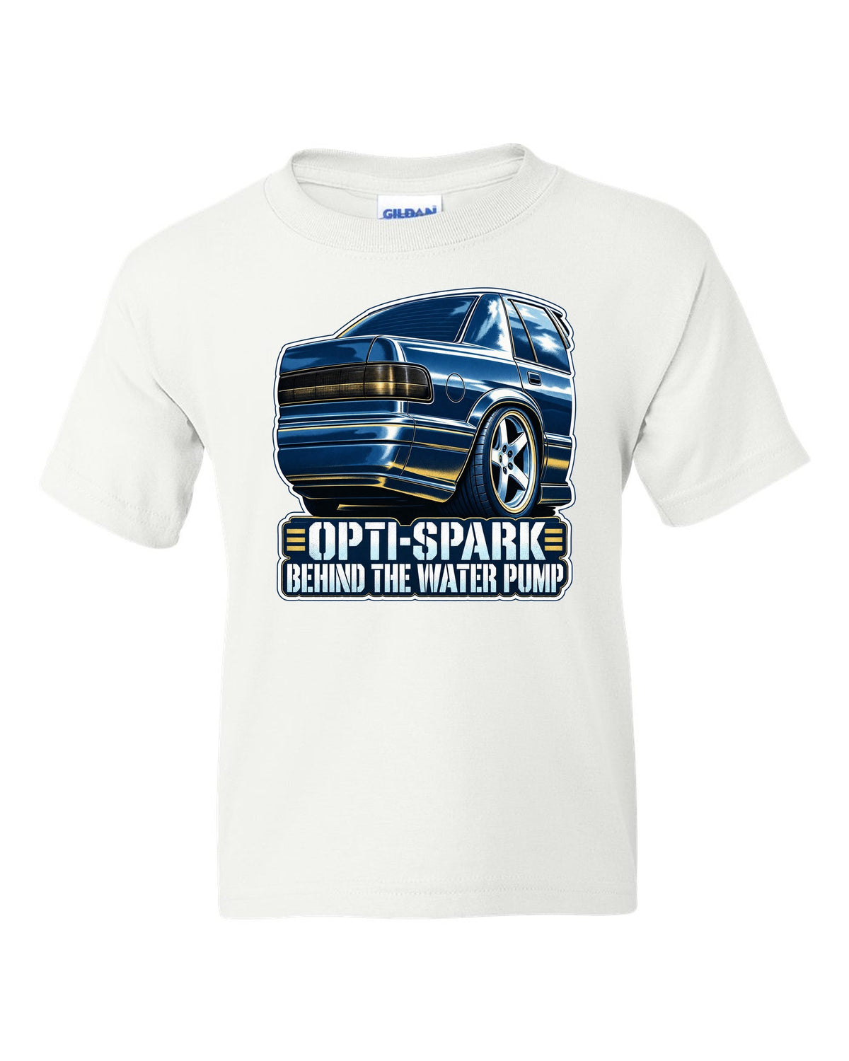 Blue cyanotype print of a 1994-96 Chevrolet Impala SS LT1 wheel with the text Opti-Spark Behind the Water Pump white kids tee front view with the design