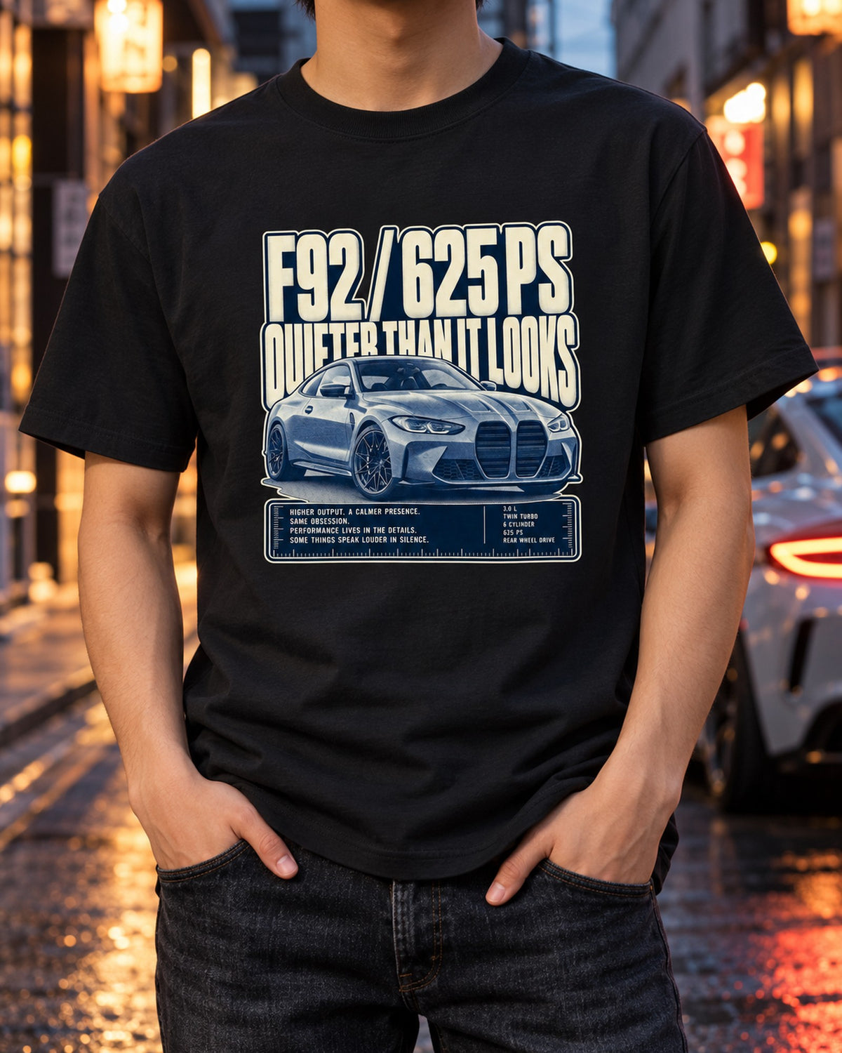 BMW M8 F92 Halftone Statement Tee, 625 PS Car Shirt T-Shirt Black worn hero