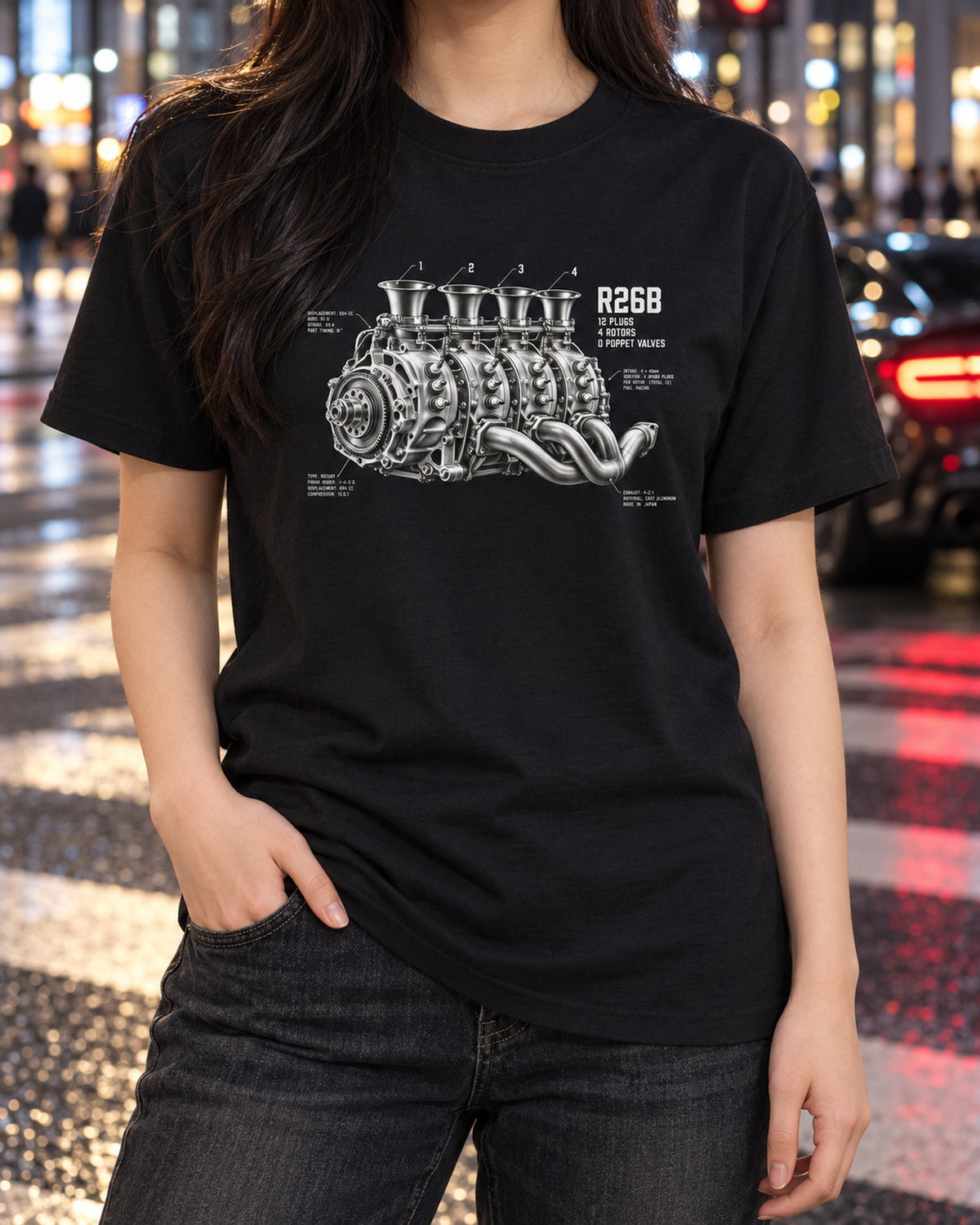 787B R26B Four-Rotor Engine Graphic Tee, Mazda Rotary Fan T-Shirt Black worn hero