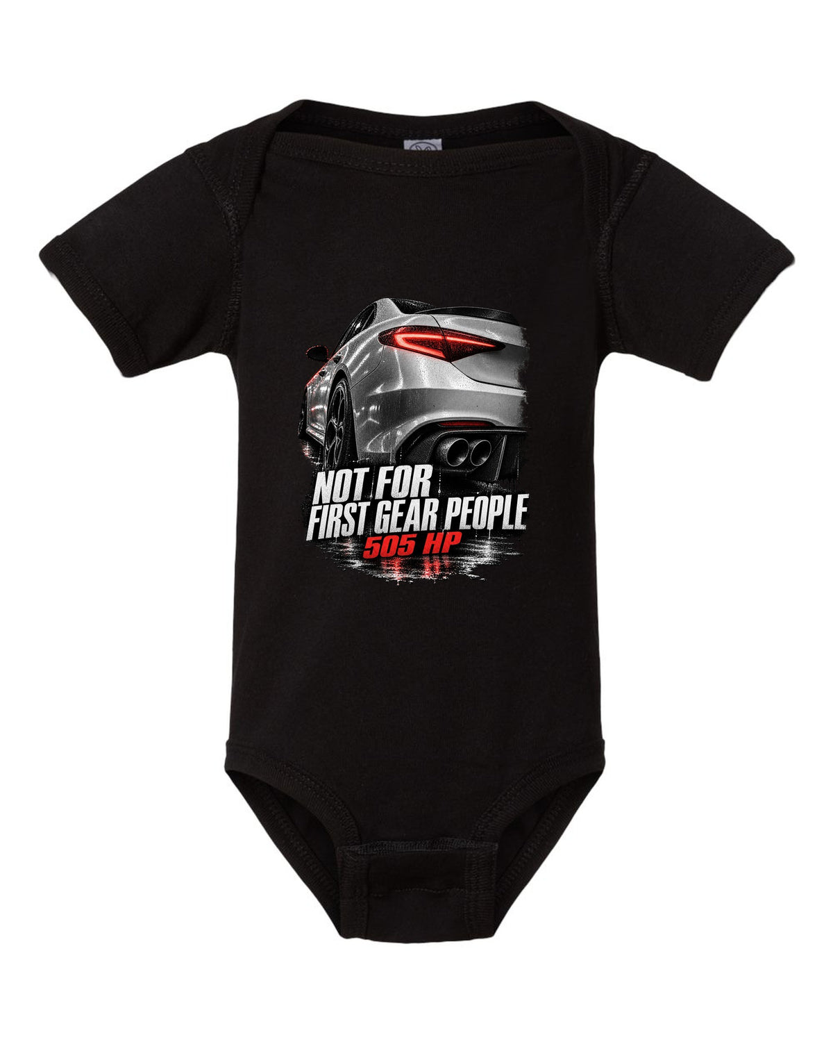 Taillight macro print of an Alfa Romeo Giulia Quadrifoglio with 505 HP text black baby onesie front view with the design
