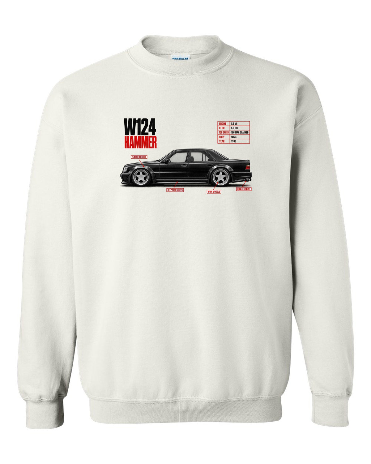 print spec poster of a Mercedes W124 Hammer with text 0-60 5.0 sec, 5.6 V8, 1988 white crewneck front view with the design