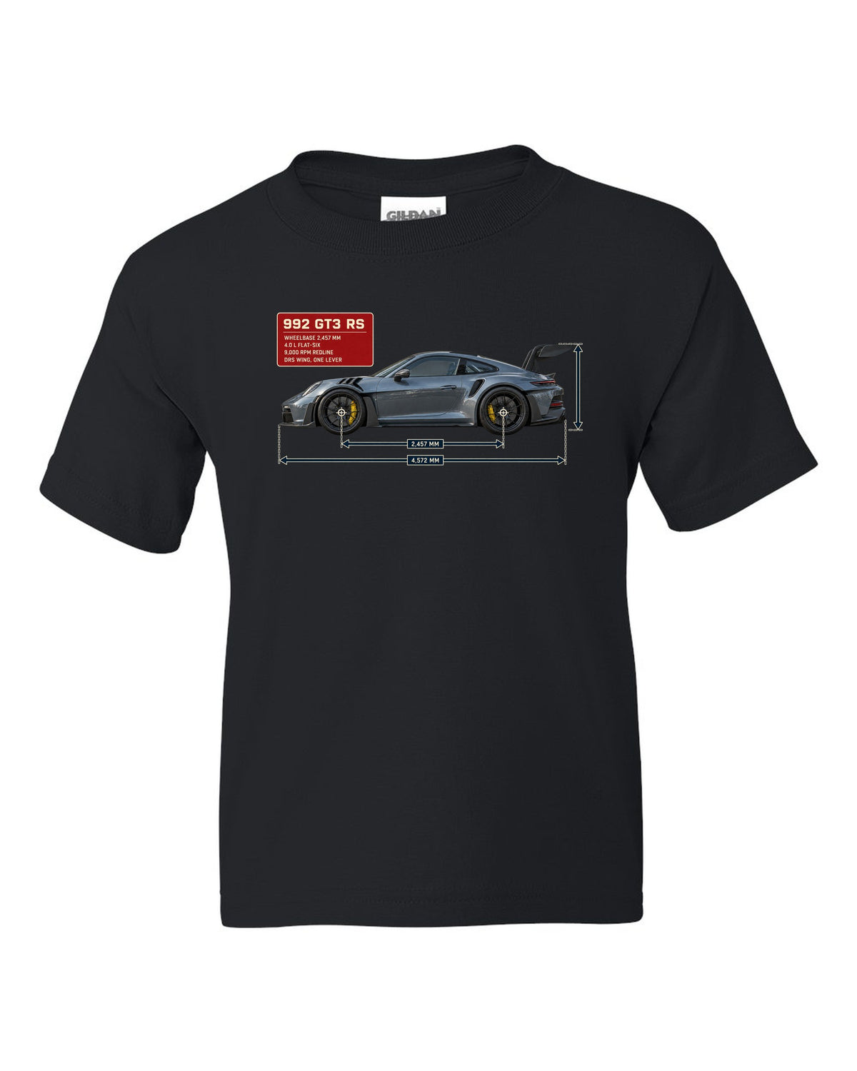 Porsche 992 GT3 RS dimension blueprint print design black kids tee front view with the design