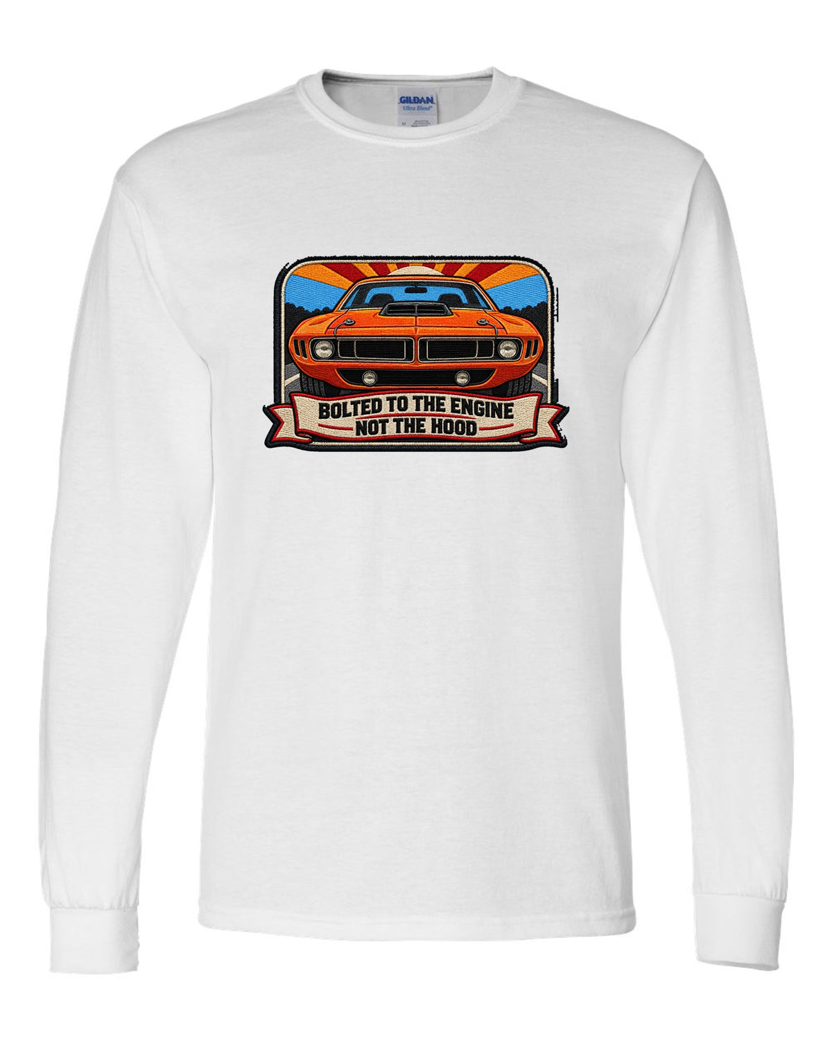 Embroidered mechanic patch style print of a 1970 Plymouth Hemi 'Cuda with shaker scoop text white long sleeve front view with the design