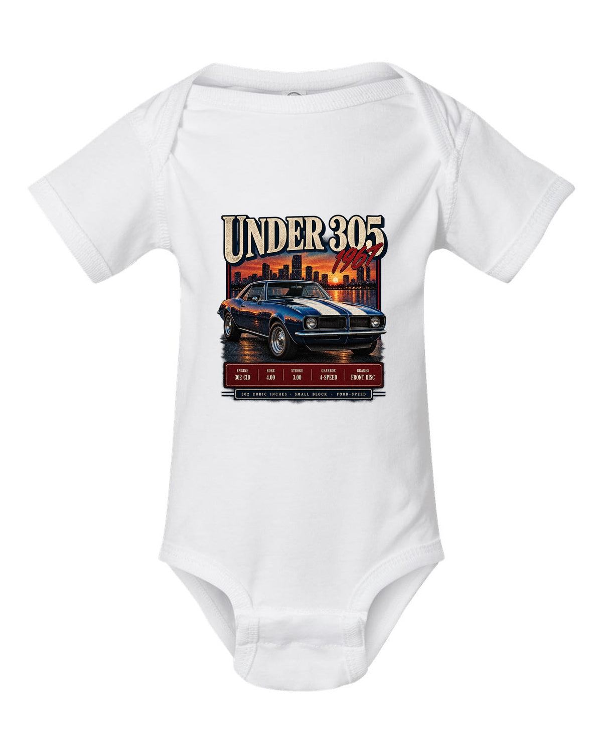 Archive-panel print of a 1967 Chevrolet Camaro Z/28 listing 302 cubic inch small block specs white baby onesie front view with the design