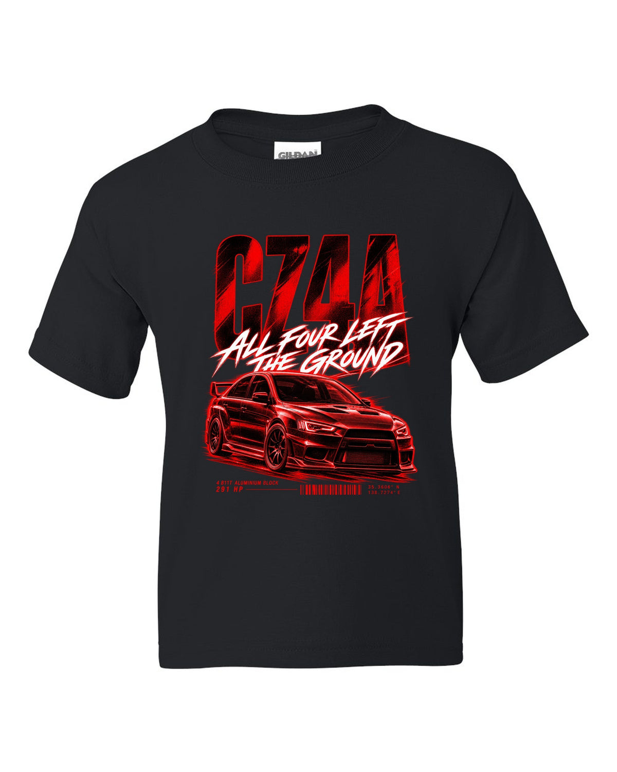 Mitsubishi Lancer Evolution X CZ4A street poster print with 4B11T and 291 HP text black kids tee front view with the design
