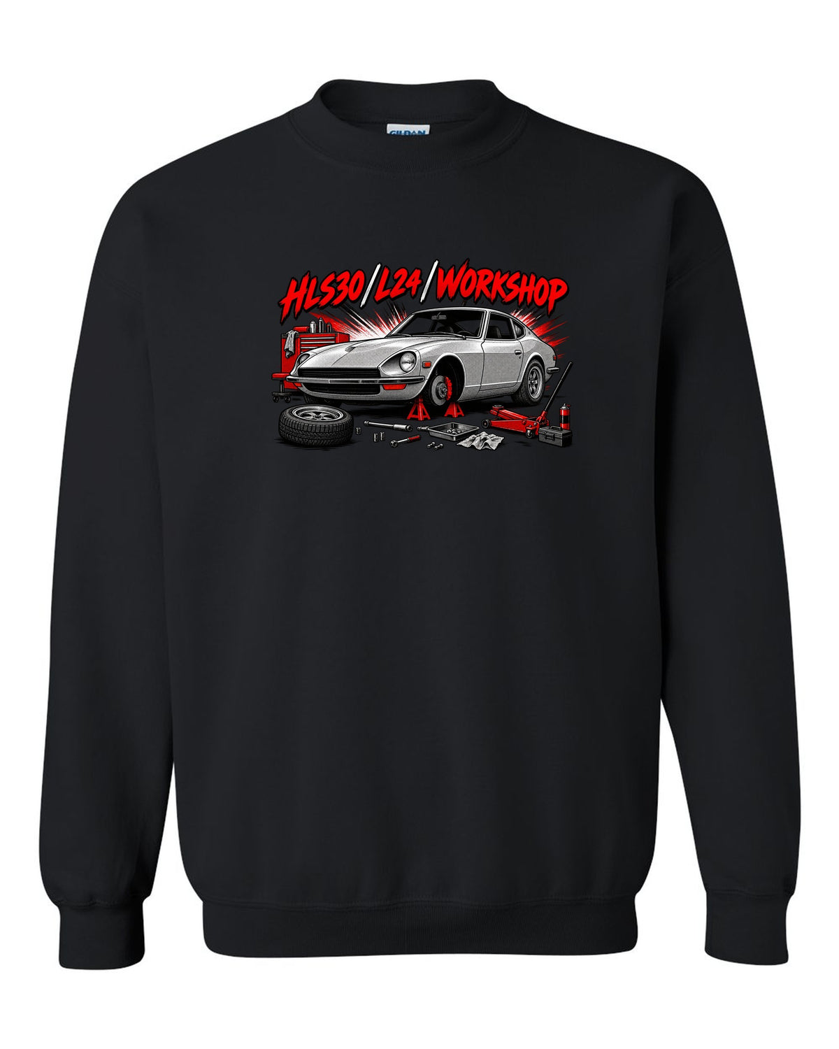 Retro manga halftone panel print of the Datsun 240Z HLS30 with L24 workshop lettering black crewneck front view with the design