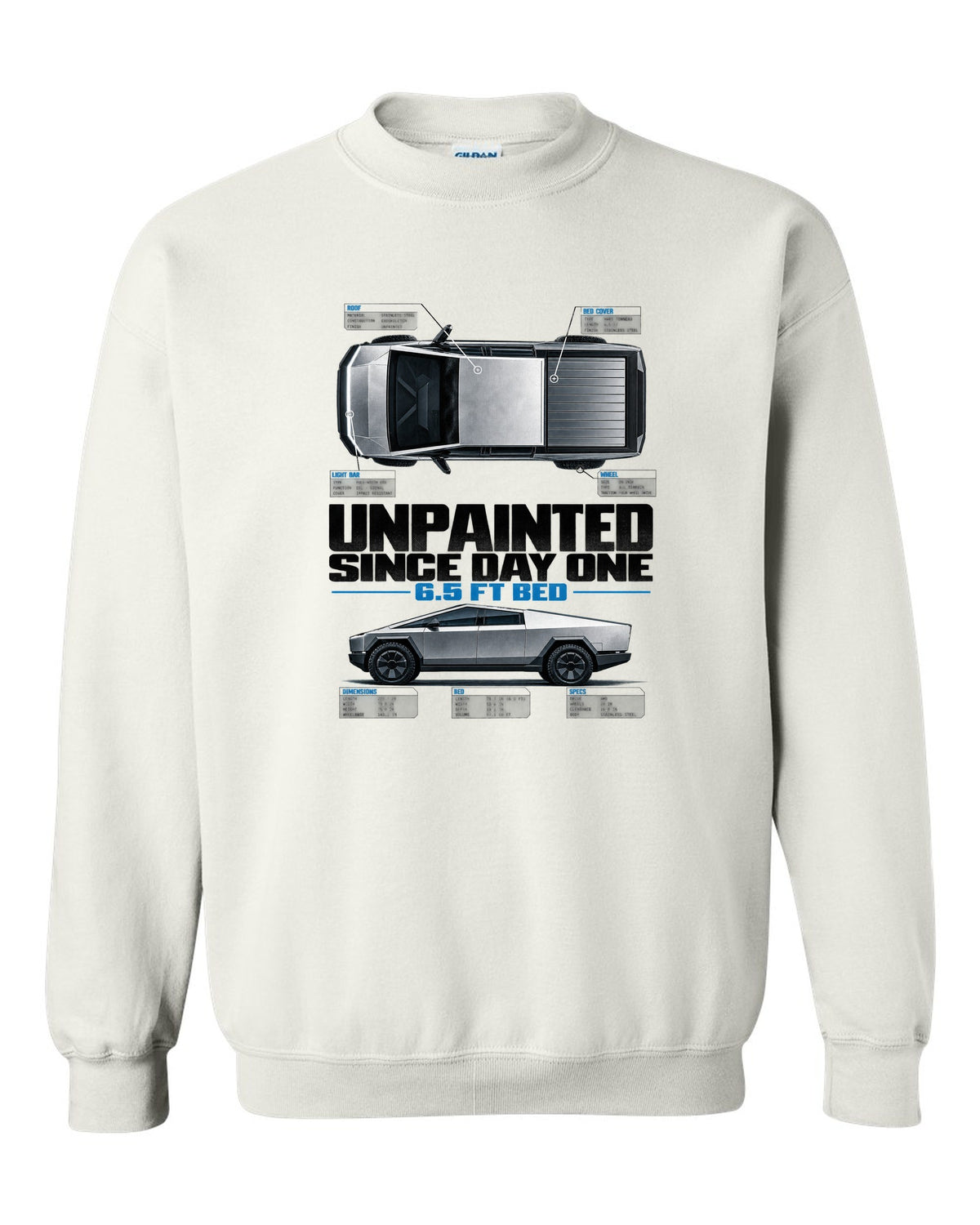 Tesla Cybertruck top-down and profile spec poster with unpainted since day one text white crewneck front view with the design