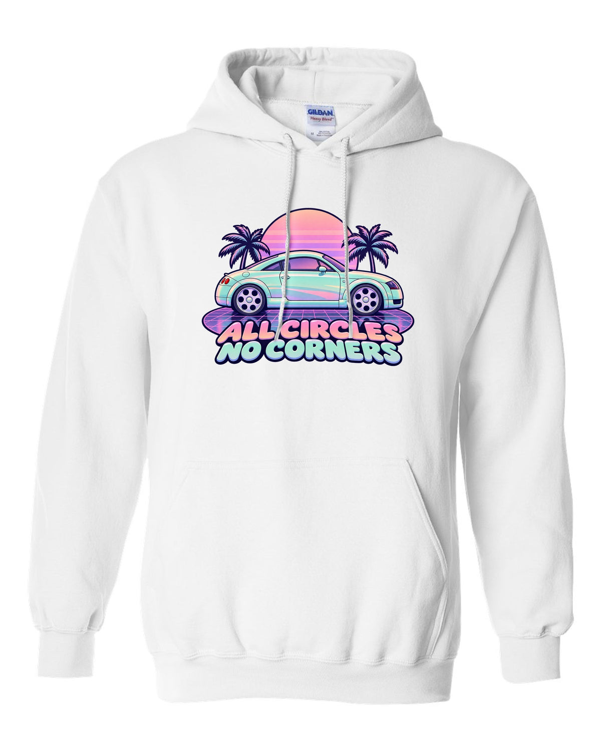Pastel vaporwave print of an Audi TT Coupe 8N with all circles no corners text white pull over hoodie front view with the design