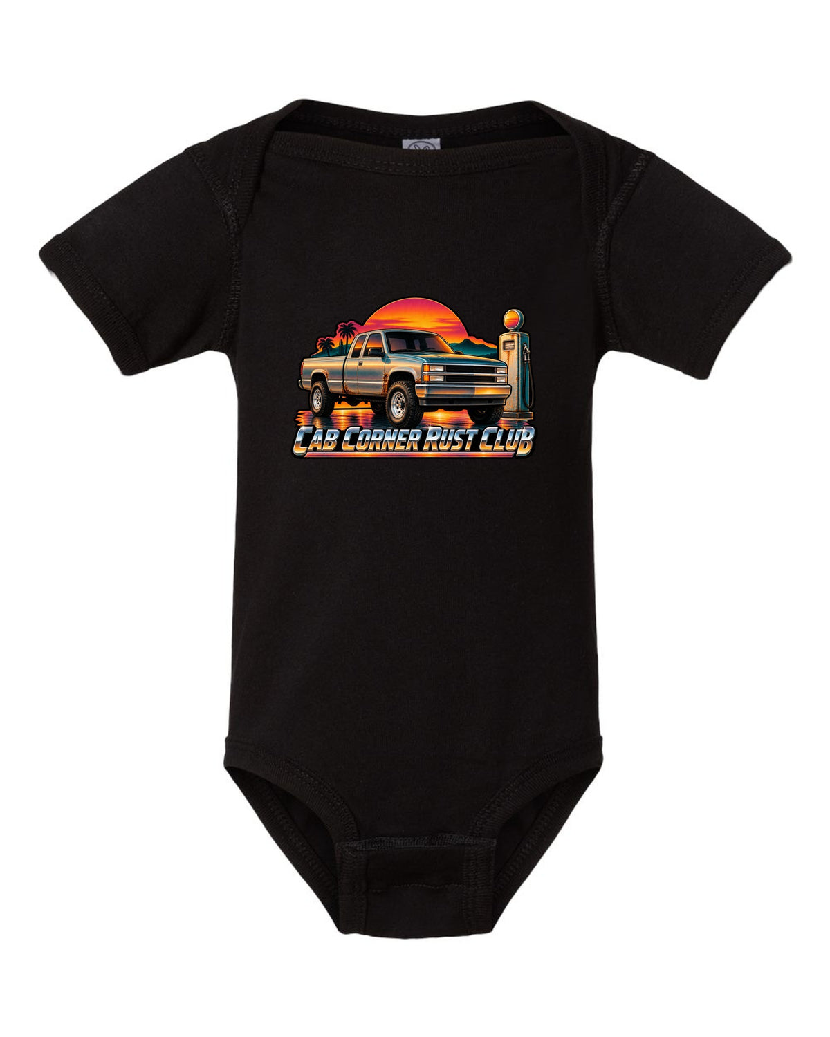 70s airbrush sunset gas pump print of a 1988-1998 Chevrolet OBS Silverado with Cab Corner Rust Club text black baby onesie front view with the design