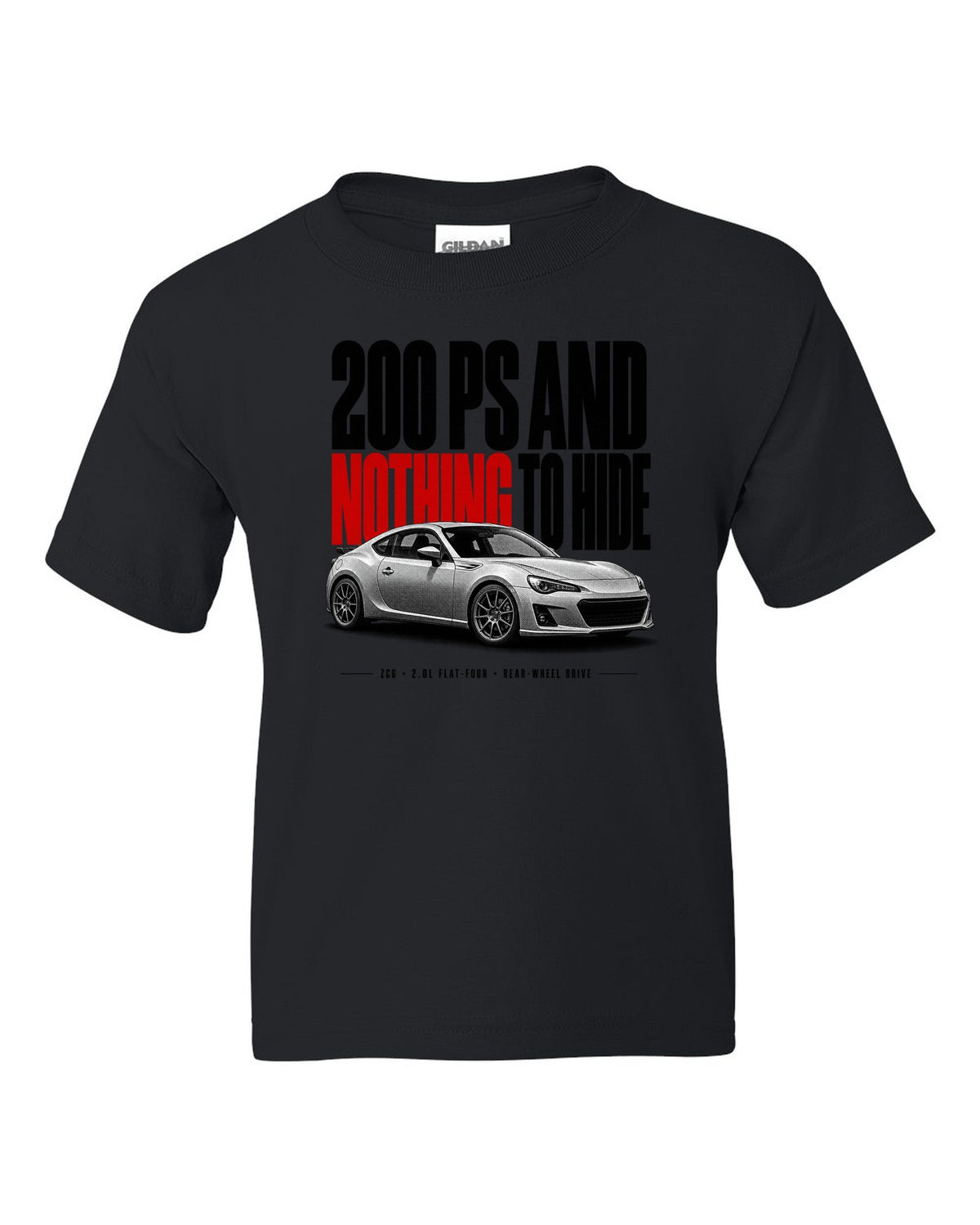 Halftone print for the Subaru BRZ ZC6 tS reading 200 PS and nothing to hide, 2.0L flat-four, rear-wheel drive black kids tee front view with the design