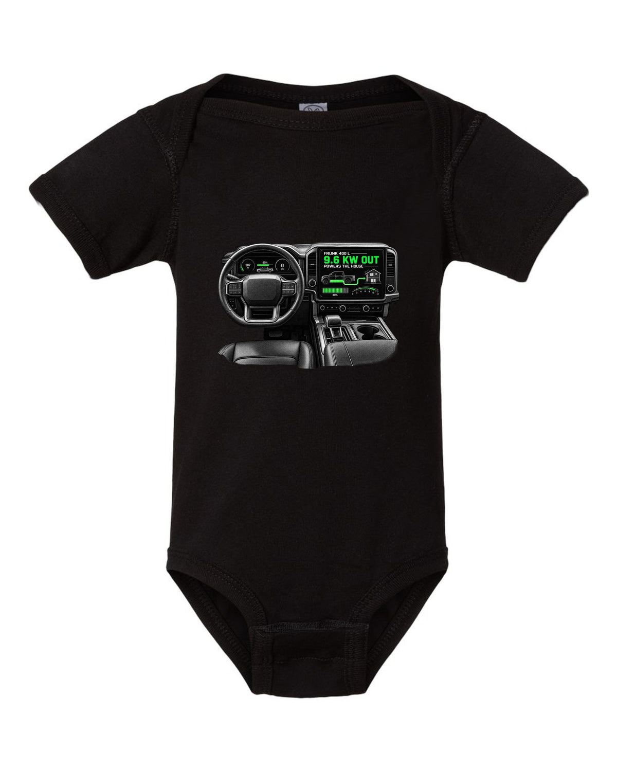 Ford F-150 Lightning 2022 interior centre screen crop with frunk readout black baby onesie front view with the design