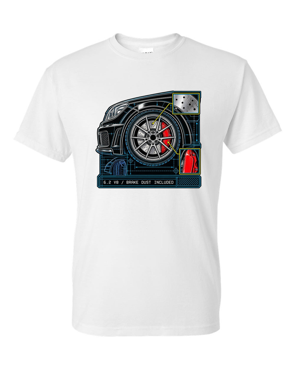 Retro manga ink burnout illustration of a Mercedes C63 Coupe C204 with tyre text white t-shirt front view with the design
