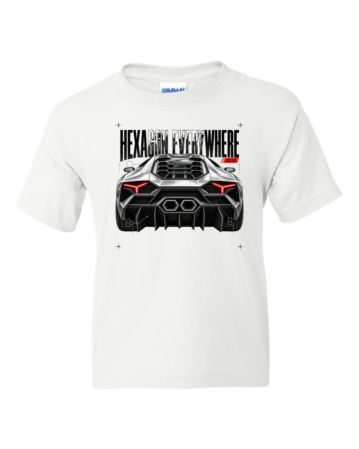 Detail macro print of a Lamborghini Huracan Evo LP640-4 with Hexagon Everywhere text white kids tee front view with the design