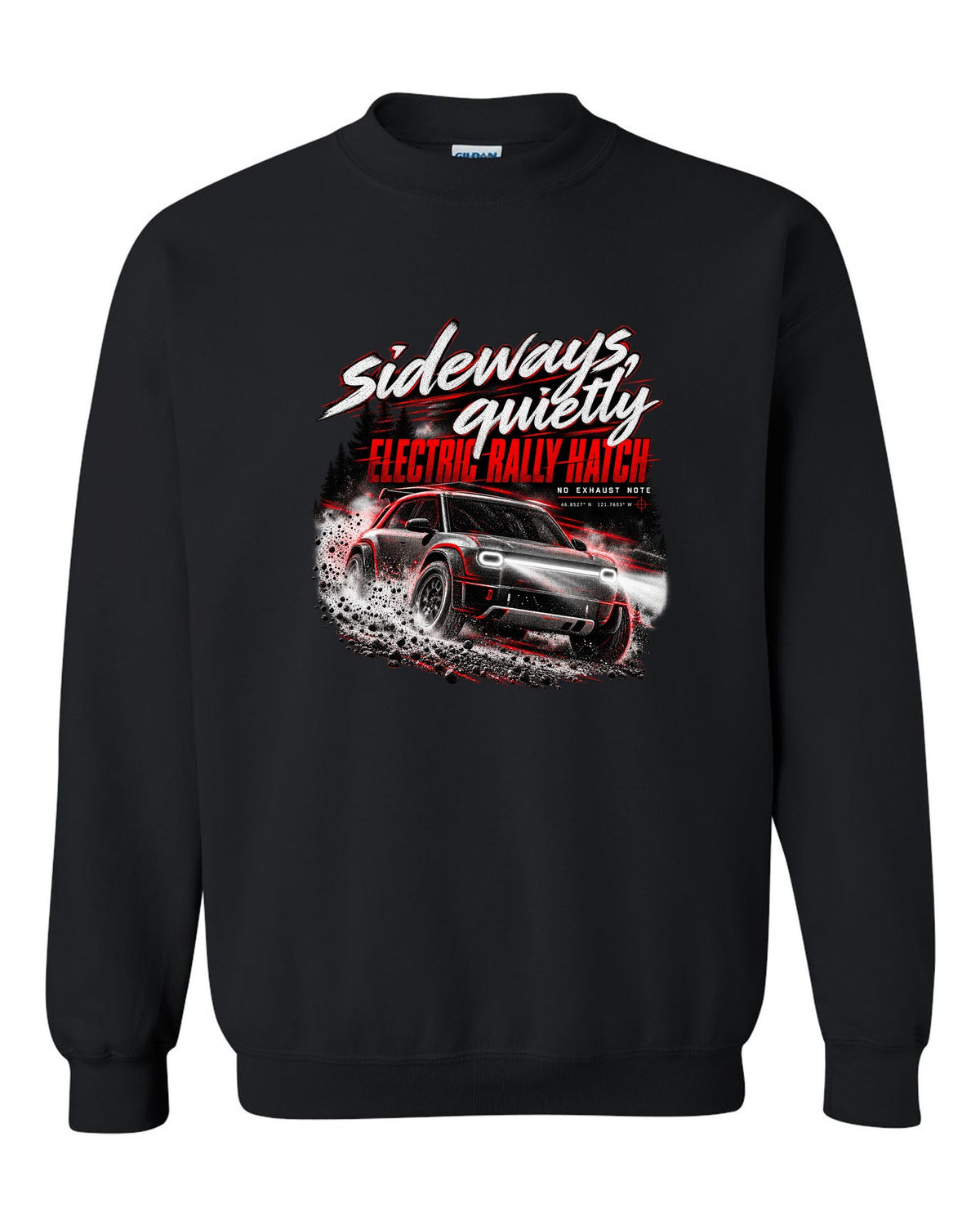 Rivian R3X 2027 sliding on a night touge with the text sideways quietly, electric rally ch black crewneck front view with the design