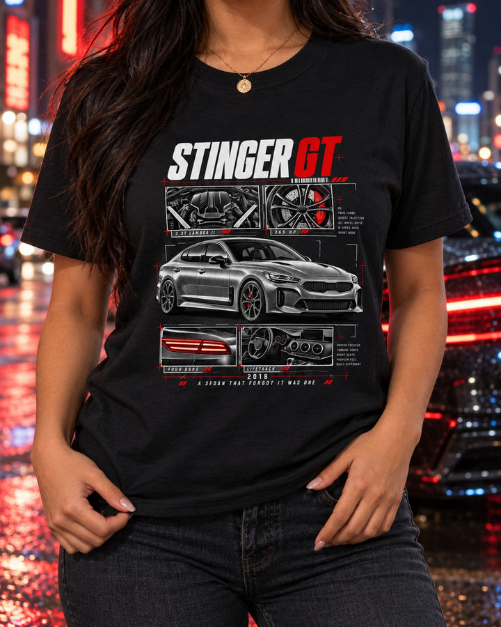 Kia Stinger GT 3.3T Dossier Panel Shirt, Liftback Car Guy Gift T-Shirt Black worn hero