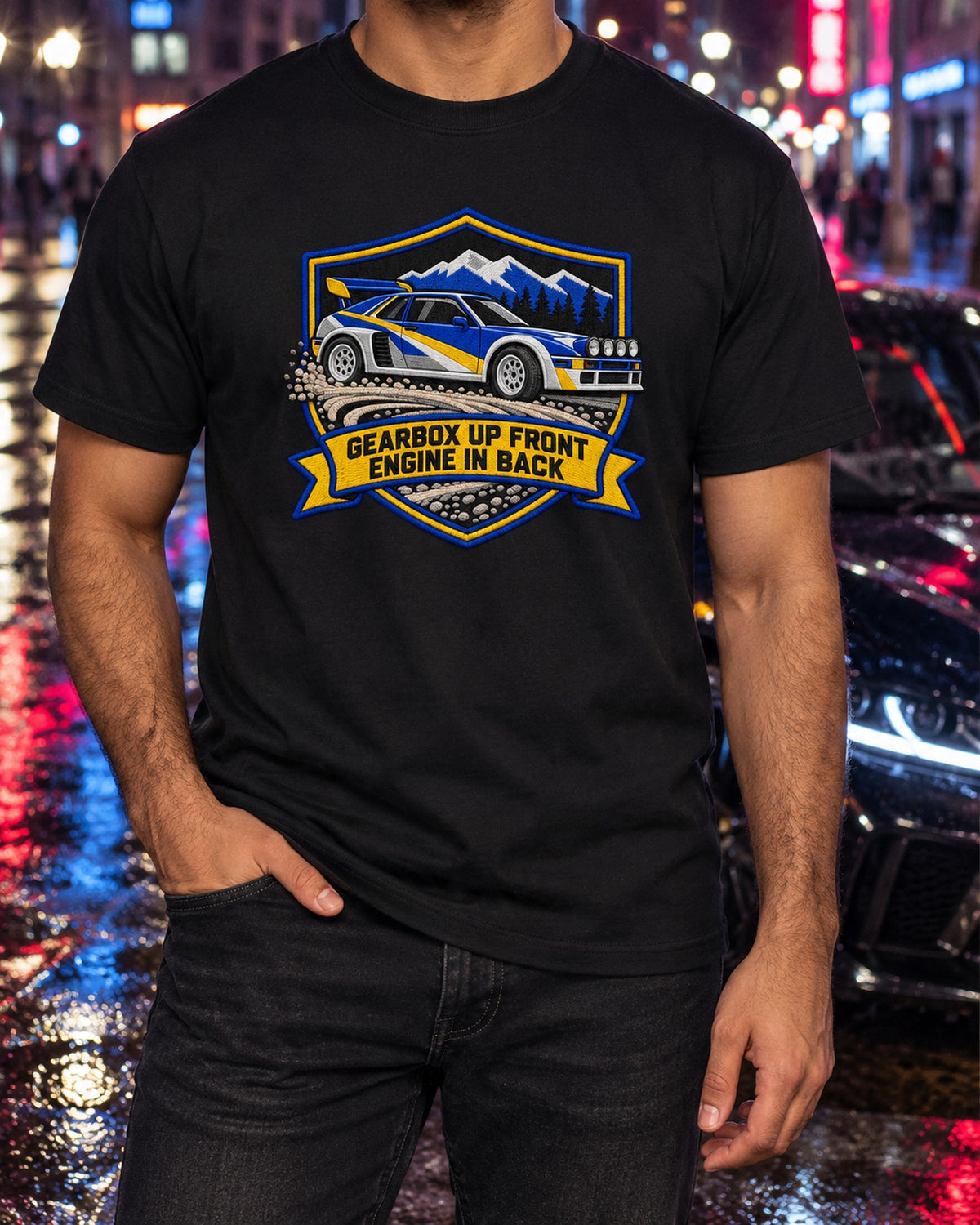 Ford RS200 Gearbox Up Front Varsity Crest Car Shirt T-Shirt Black worn hero