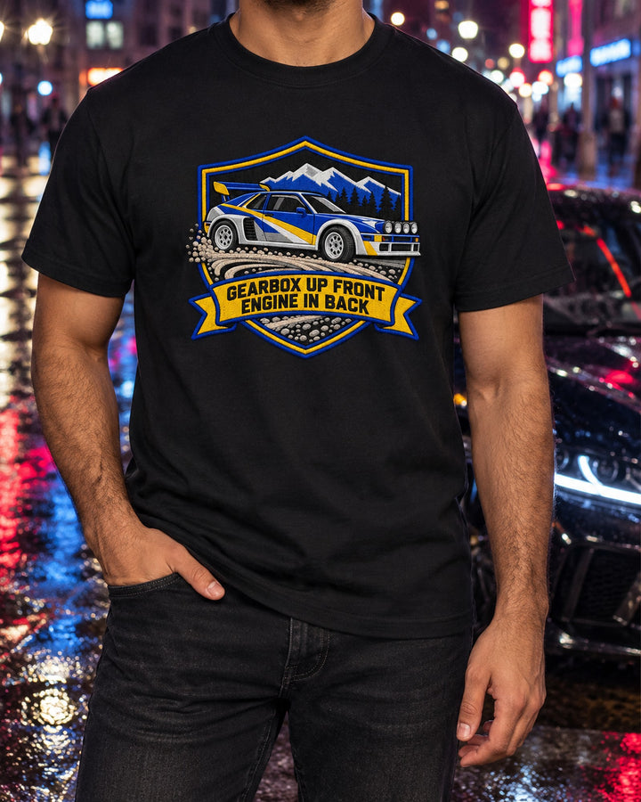 Ford RS200 Gearbox Up Front Varsity Crest Car Shirt T-Shirt Black worn hero
