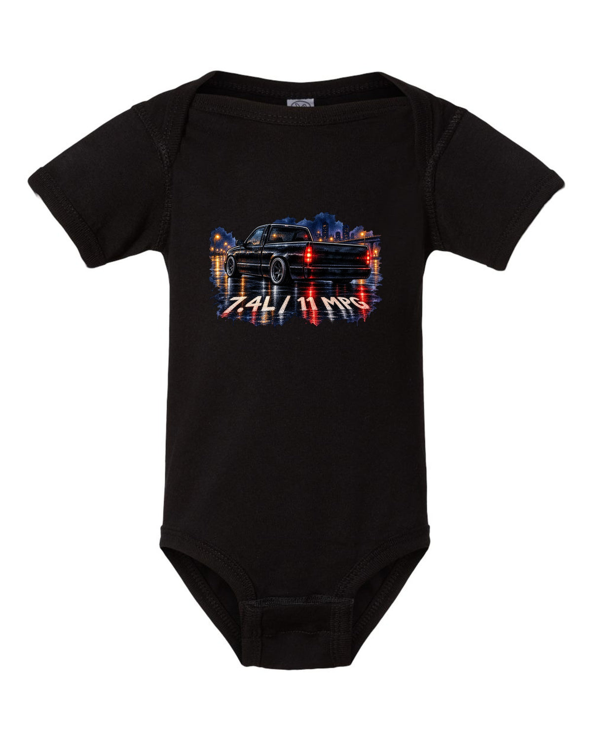 80s airbrush chrome print of a 1990-93 Chevrolet 454 SS pickup with 7.4L and 11 MPG text black baby onesie front view with the design