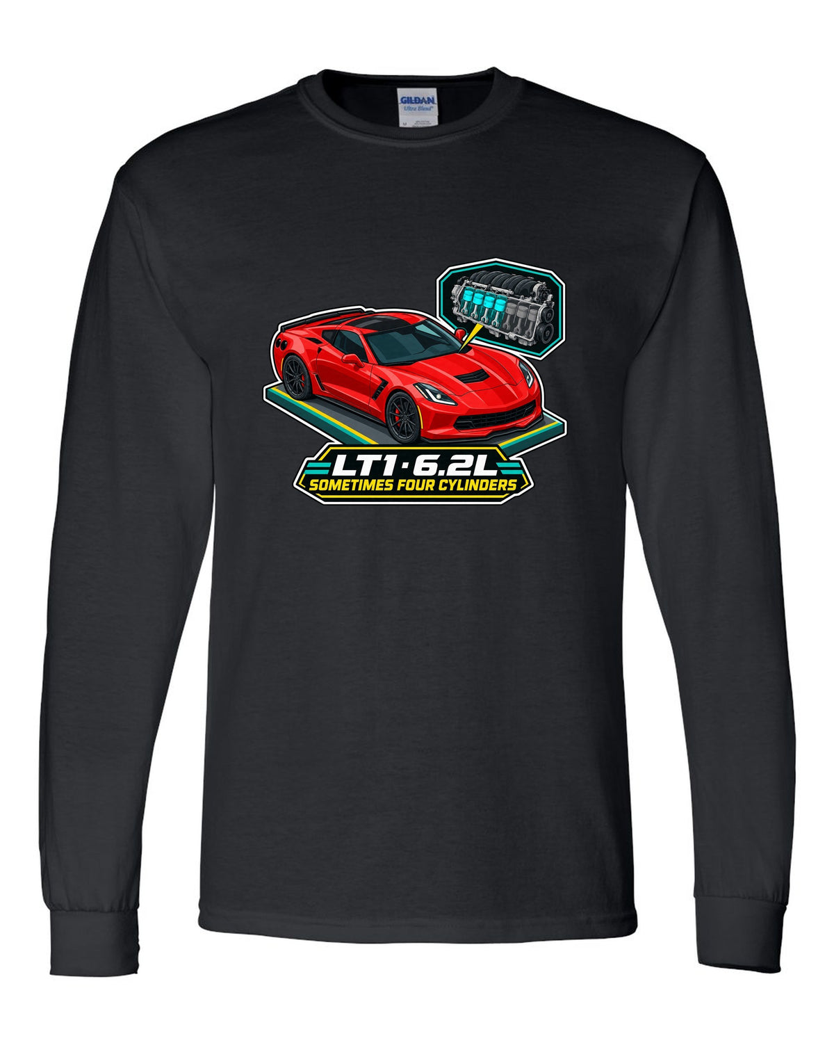 Art deco Le Mans night racing poster print of a yellow Chevrolet Corvette C8.R with LT1 6.2L lettering black long sleeve front view with the design