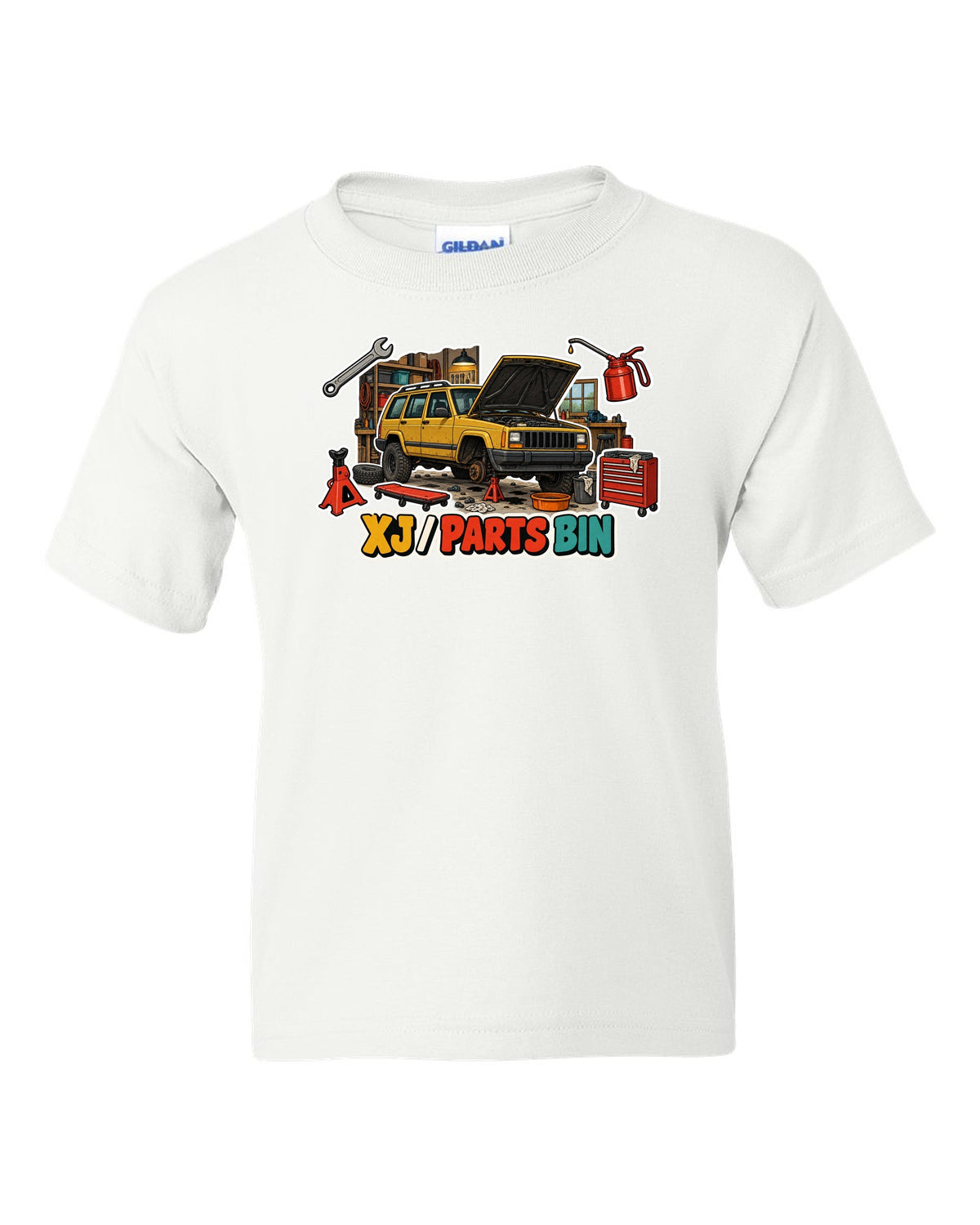 Sticker-bomb die-cut collage print around a Jeep Cherokee XJ labelled Parts Bin white kids tee front view with the design